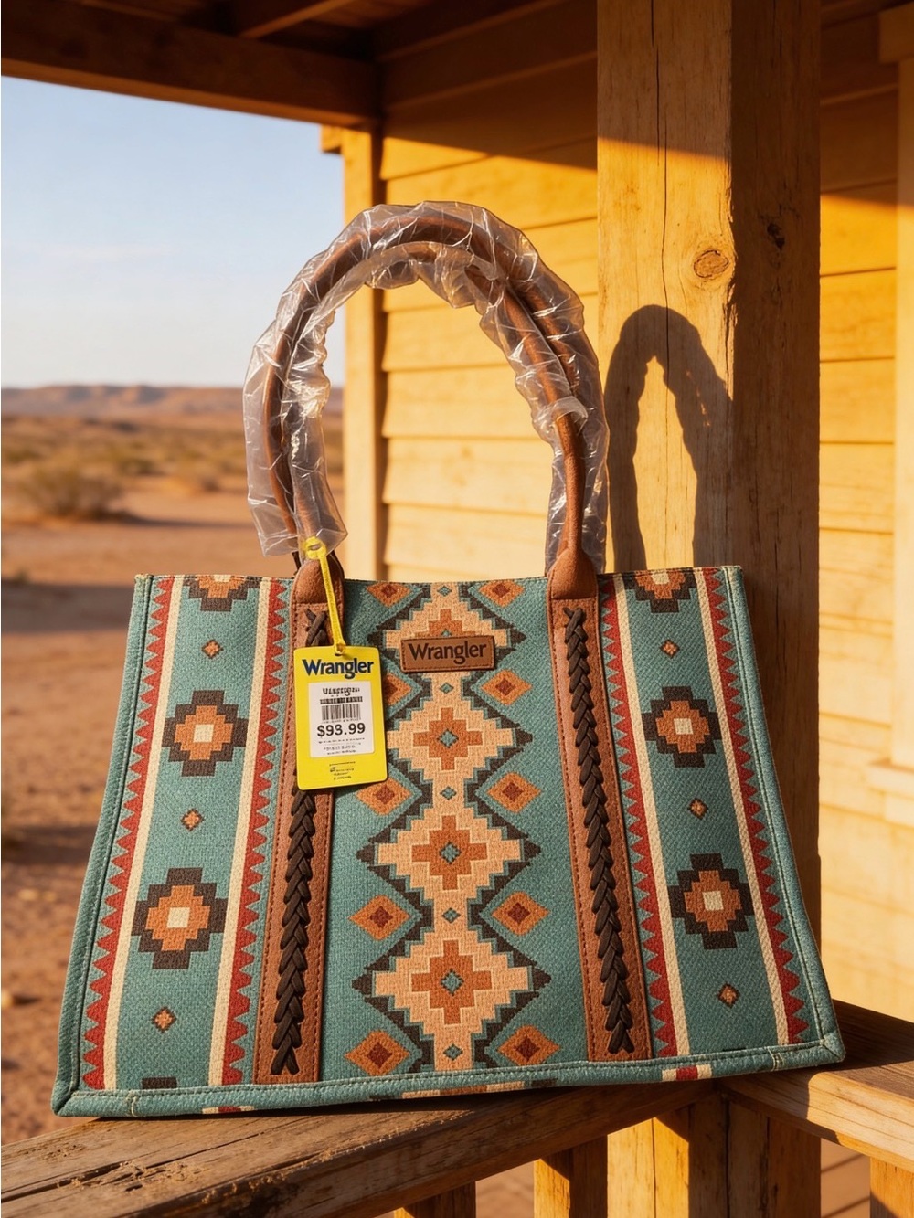 Wrangler Teal Southwestern Pattern Tote with Brown Trim